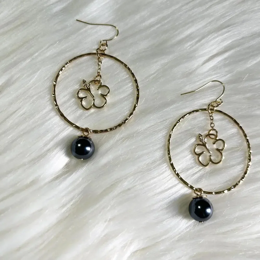 Gold Plated Hibiscus Tahitian Pearl Hawaiian Floral Dangle Hoops Earrings - Picture 2 of 2